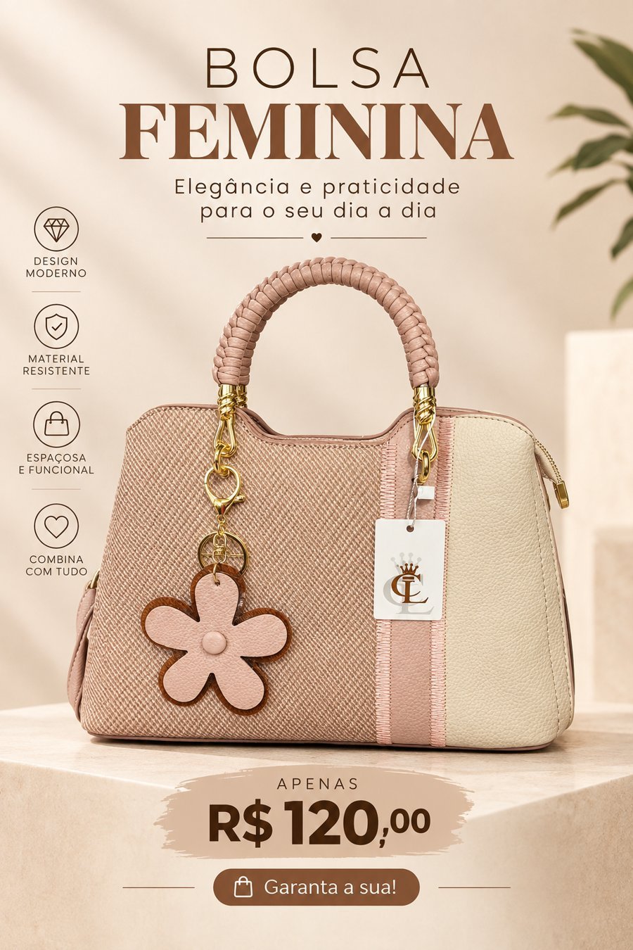 Bolsa feminina com chaveiro de flor, R$ 120,00