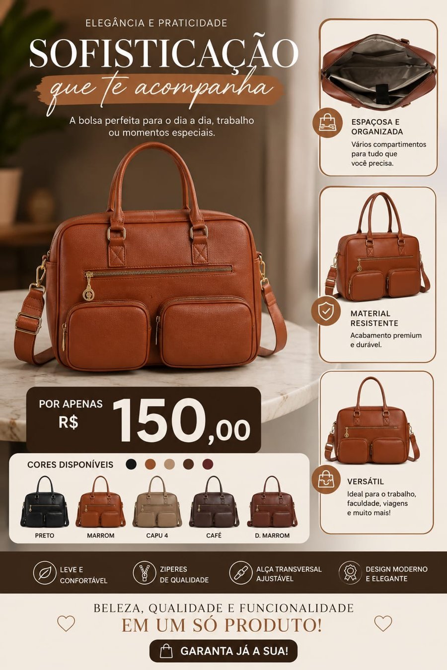 Bolsa caramelo com bolsos, R$ 150,00