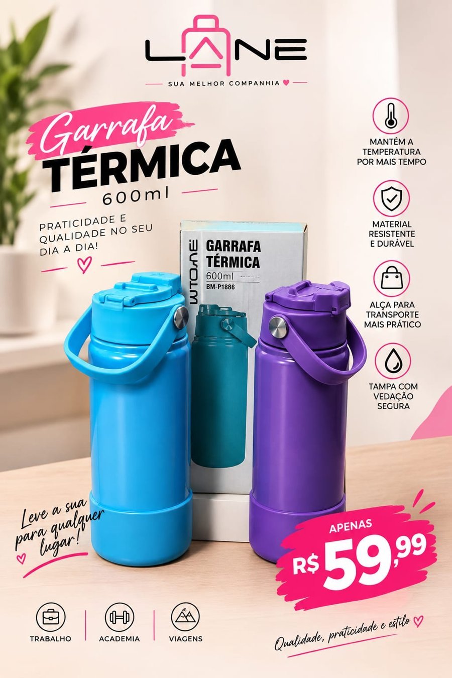 Garrafa térmica 600 ml, R$ 59,99