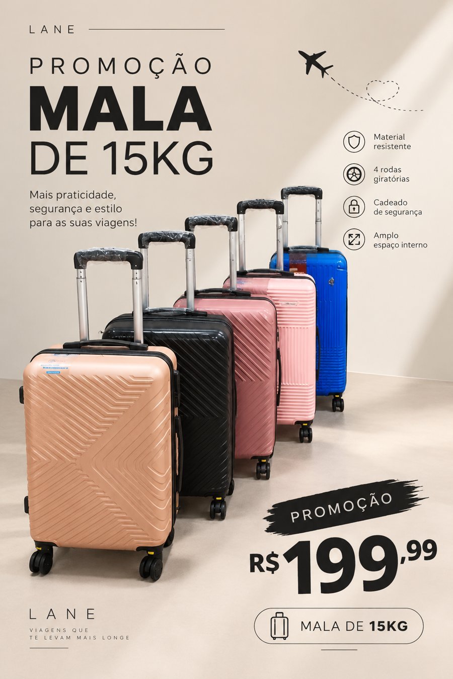 Promoção mala de 15kg em várias cores, R$ 199,99