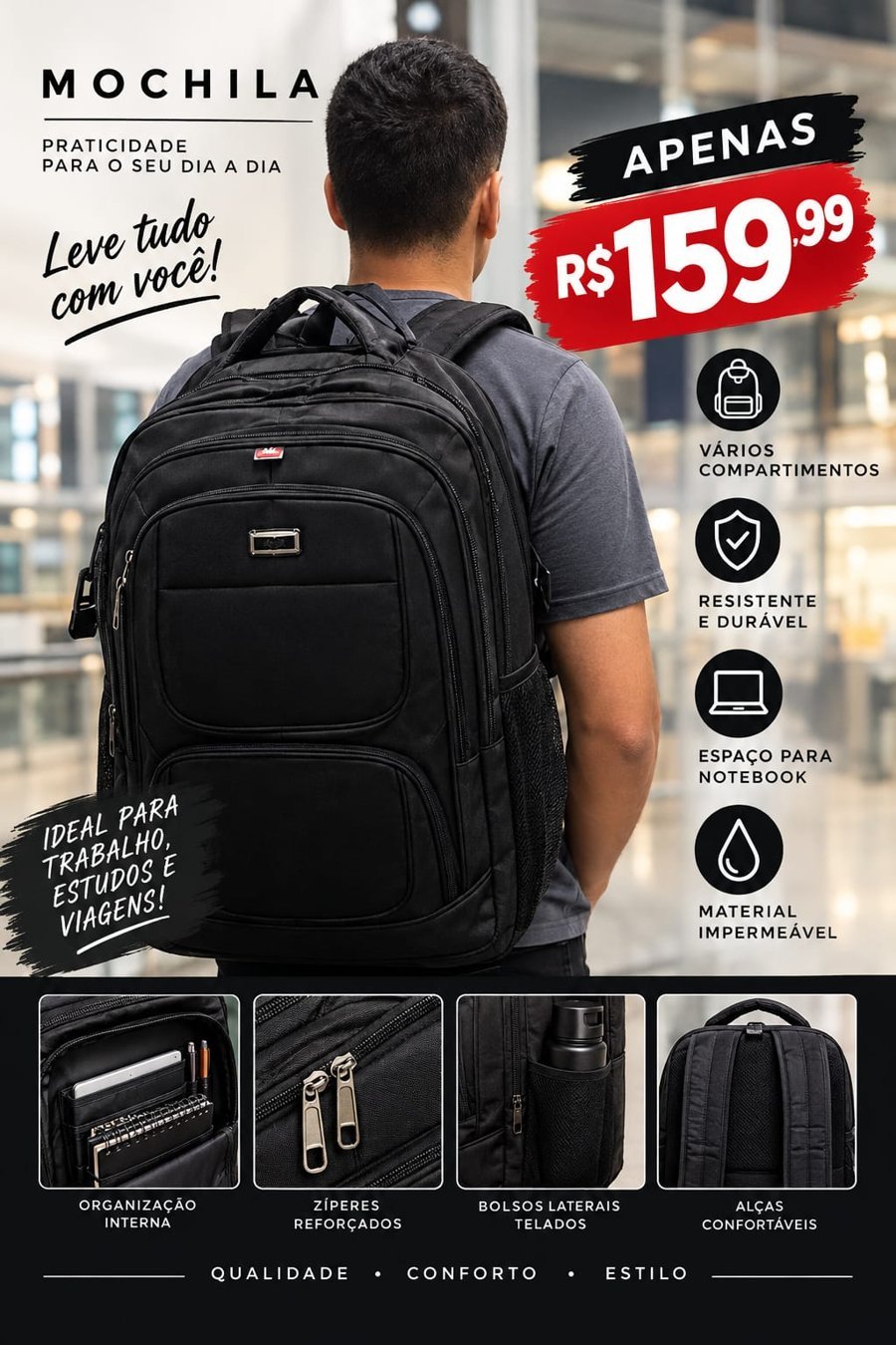 Mochila preta, R$ 159,99